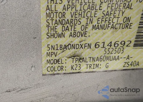 2015 Nissan Armada Sv z USA, uszkodzony, nr VIN 5N1BA0NDXFN614692